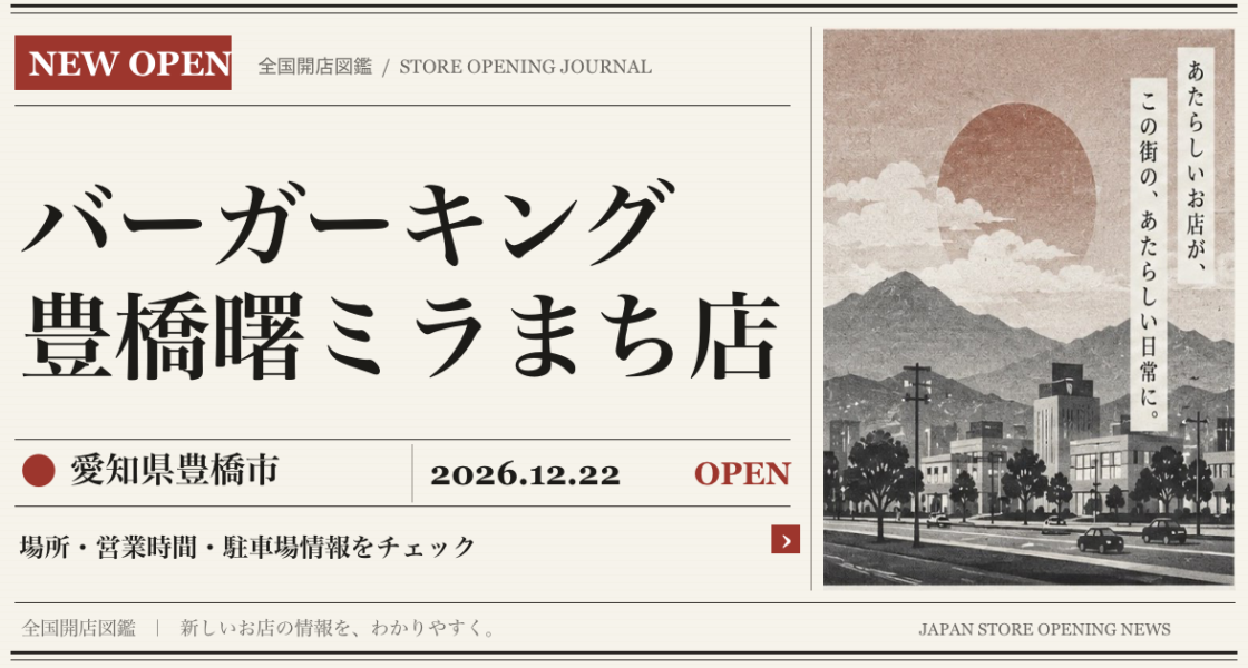 バーガーキング 豊橋曙ミラまち店の開店情報（新聞風の文字画像）