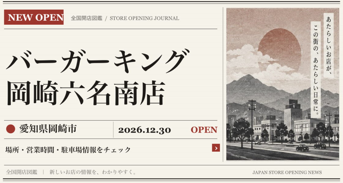 バーガーキング 岡崎六名南店の開店情報（新聞風の文字画像）